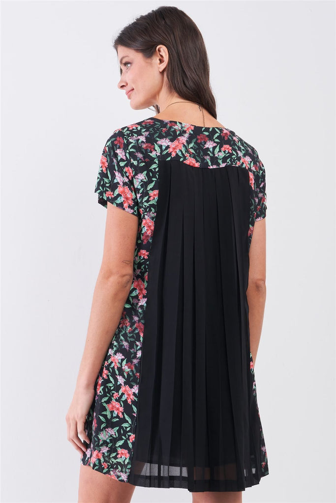 Black Multicolor Floral Print Pleated Back Detail Relaxed Mini Dress - Deals Kiosk
