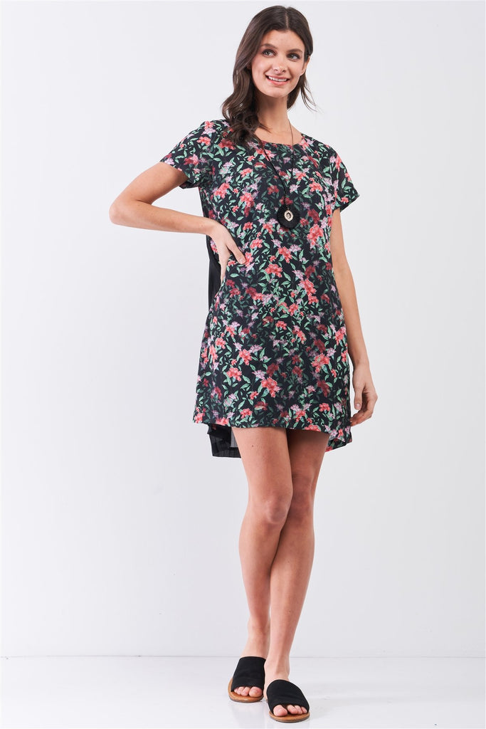 Black Multicolor Floral Print Pleated Back Detail Relaxed Mini Dress - Deals Kiosk