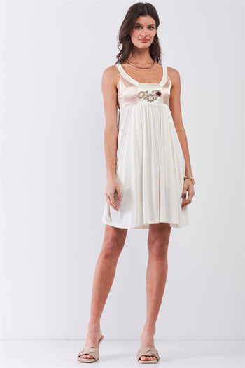 Dear Juliet White & Champagne Gold Sleeveless Embroidered Satin Detail Mini Dress - Deals Kiosk