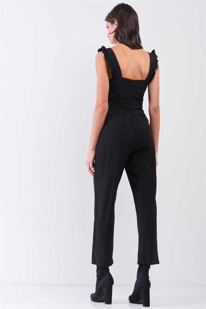 Black Sleeveless Ruffle Hem Self-tie Belt Detail Straight Leg Jumpsuit - Deals Kiosk