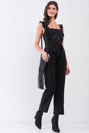 Black Sleeveless Ruffle Hem Self-tie Belt Detail Straight Leg Jumpsuit - Deals Kiosk