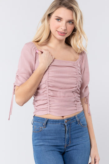 Elbow Slv Smocked Ruched Woven Top - Deals Kiosk