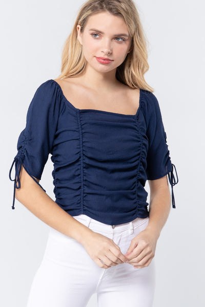 Elbow Slv Smocked Ruched Woven Top - Deals Kiosk