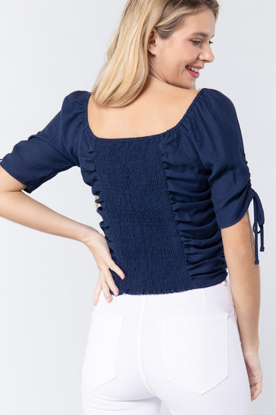 Elbow Slv Smocked Ruched Woven Top - Deals Kiosk