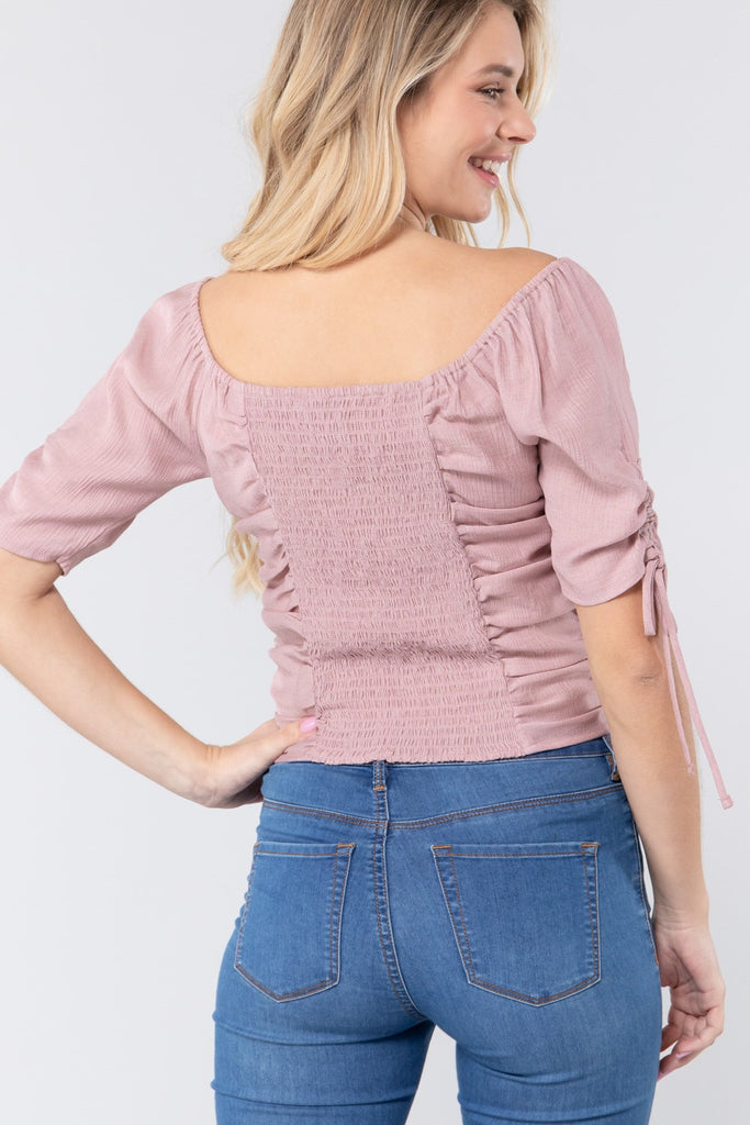 Elbow Slv Smocked Ruched Woven Top - Deals Kiosk