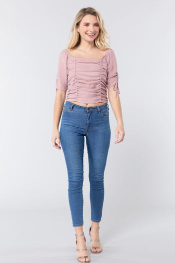 Elbow Slv Smocked Ruched Woven Top - Deals Kiosk