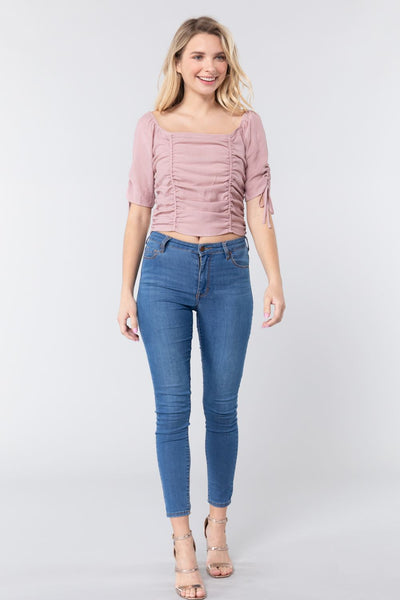 Elbow Slv Smocked Ruched Woven Top - Deals Kiosk