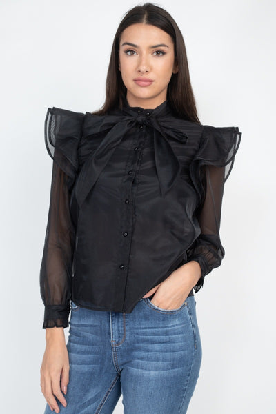 Neck Bow Tie Ruffle Blouse - Deals Kiosk