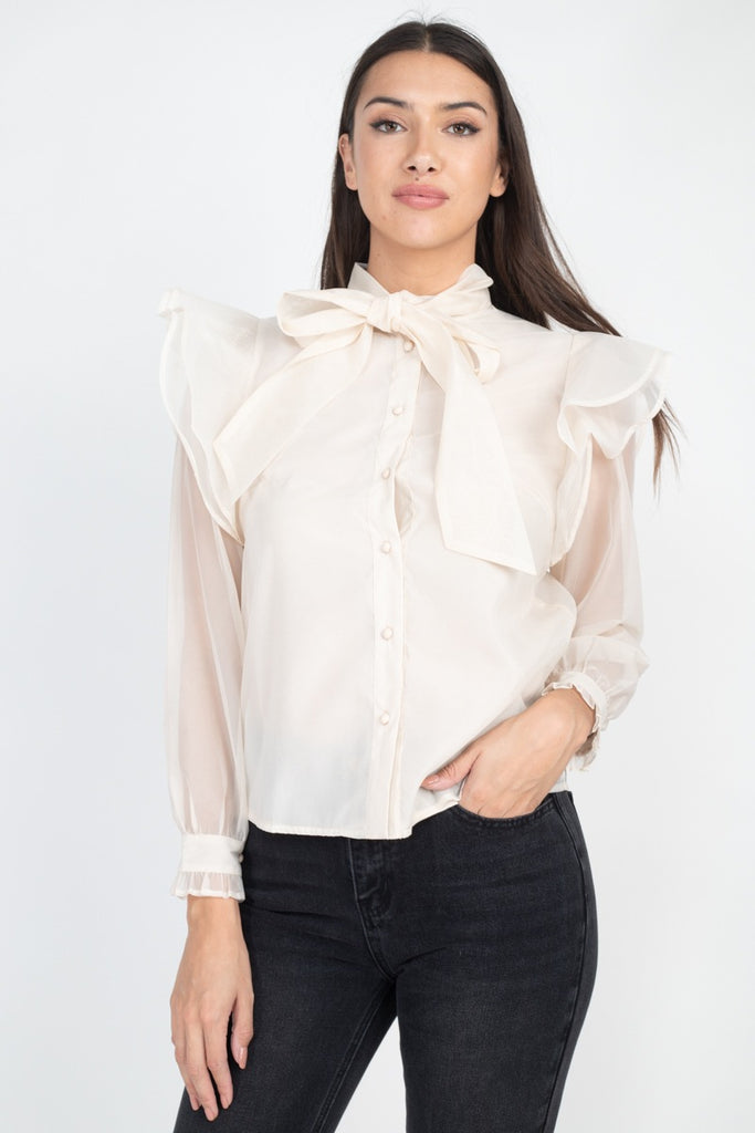 Neck Bow Tie Ruffle Blouse - Deals Kiosk