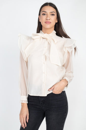 Neck Bow Tie Ruffle Blouse - Deals Kiosk