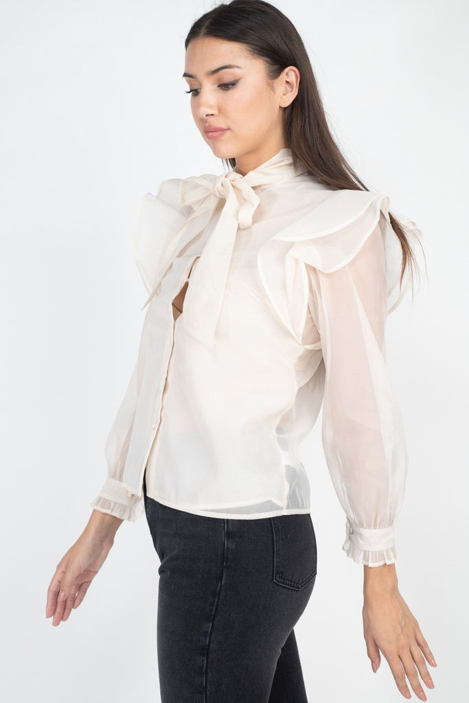 Neck Bow Tie Ruffle Blouse - Deals Kiosk