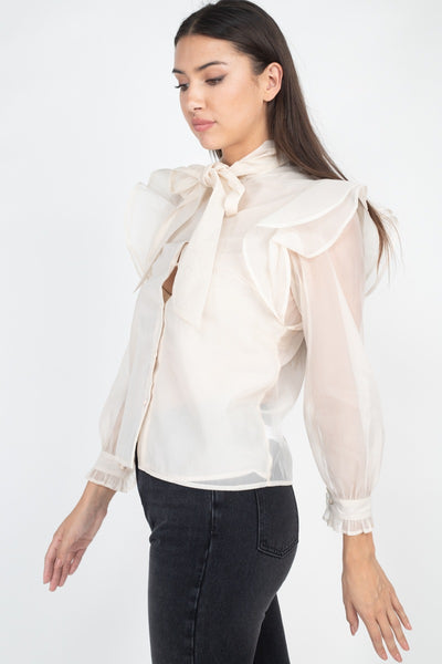 Neck Bow Tie Ruffle Blouse - Deals Kiosk