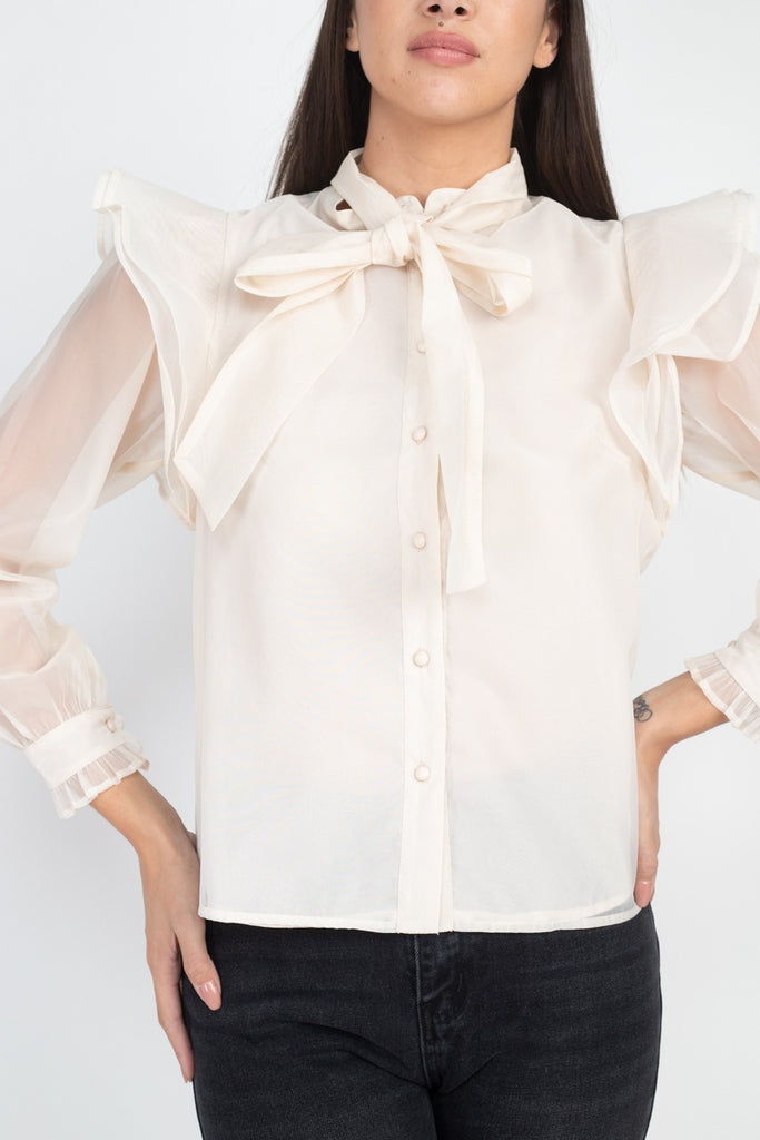 Neck Bow Tie Ruffle Blouse - Deals Kiosk