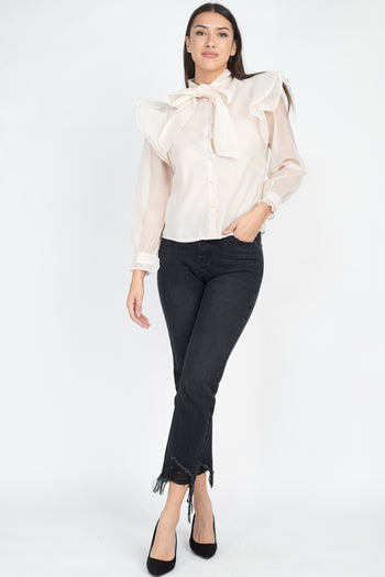 Neck Bow Tie Ruffle Blouse - Deals Kiosk
