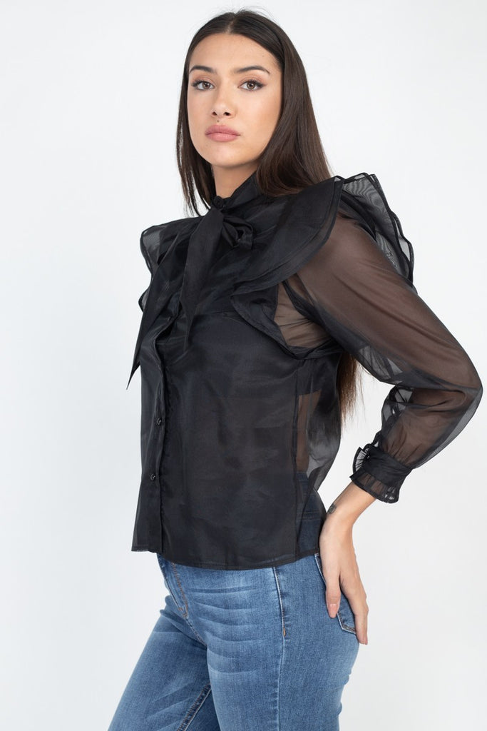 Neck Bow Tie Ruffle Blouse - Deals Kiosk