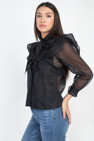 Neck Bow Tie Ruffle Blouse - Deals Kiosk