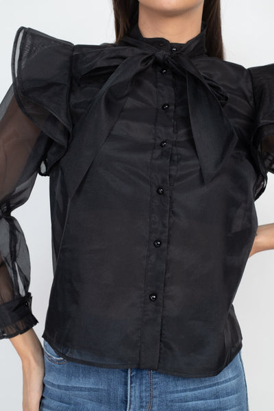 Neck Bow Tie Ruffle Blouse - Deals Kiosk