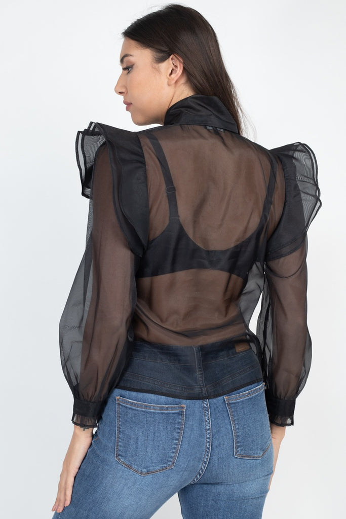 Neck Bow Tie Ruffle Blouse - Deals Kiosk