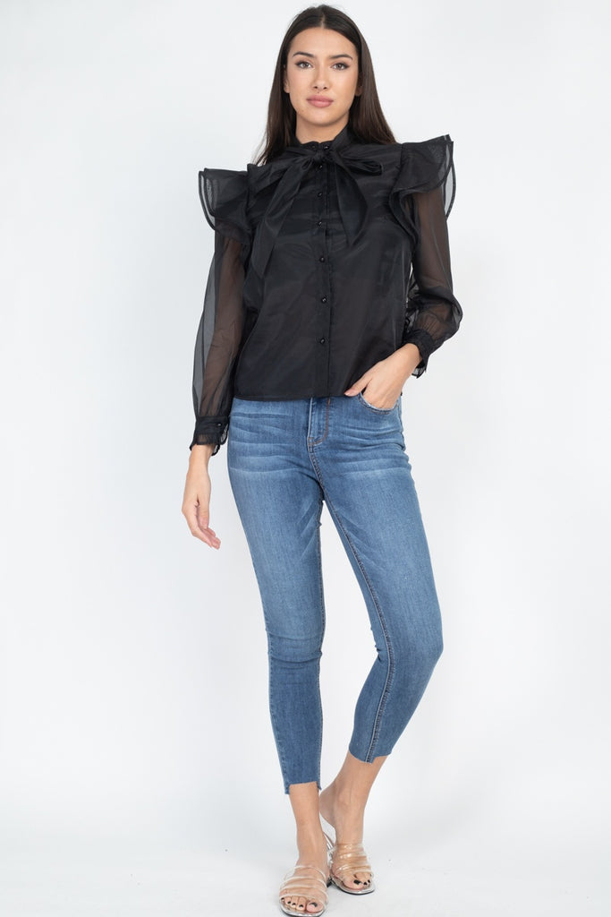 Neck Bow Tie Ruffle Blouse - Deals Kiosk