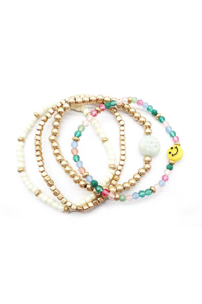 Multi Glass Metal Bead Smile Stretch 4 Pc Bracelet - Deals Kiosk