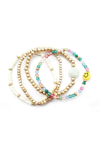 Multi Glass Metal Bead Smile Stretch 4 Pc Bracelet - Deals Kiosk