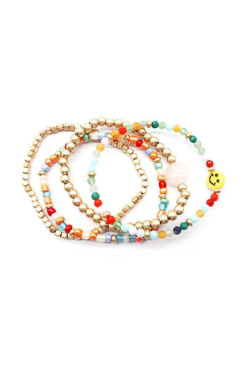 Multi Glass Metal Bead Smile Stretch 4 Pc Bracelet - Deals Kiosk