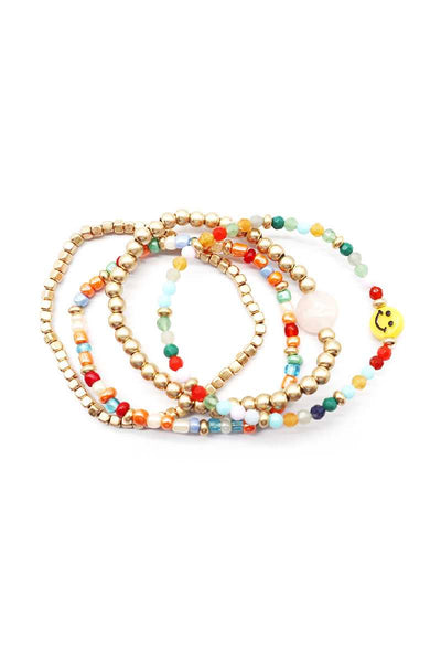 Multi Glass Metal Bead Smile Stretch 4 Pc Bracelet - Deals Kiosk