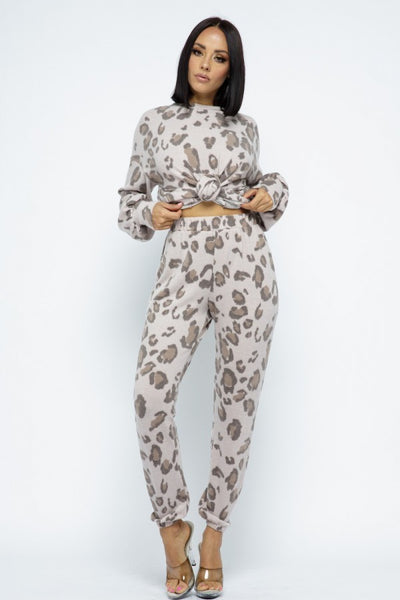 Brushed Animal Long Sleeve Loose Top W Sweatpants Set - Deals Kiosk