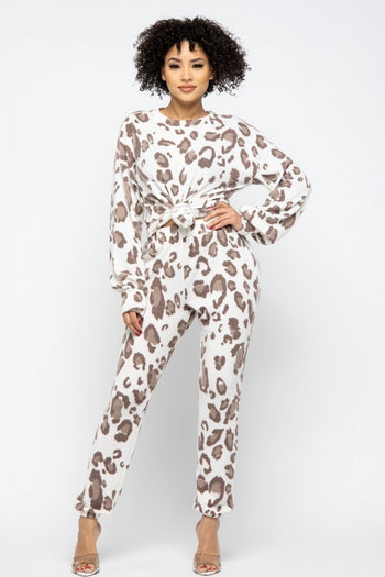 Brushed Animal Long Sleeve Loose Top W Sweatpants Set - Deals Kiosk