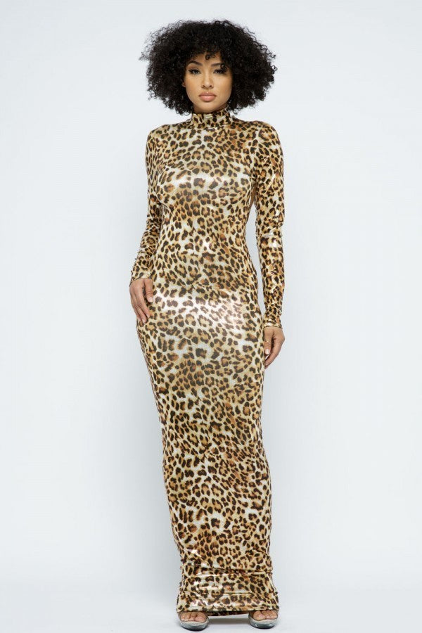 Animal Foil Mock Neck Body Con Maxi Dress - Deals Kiosk