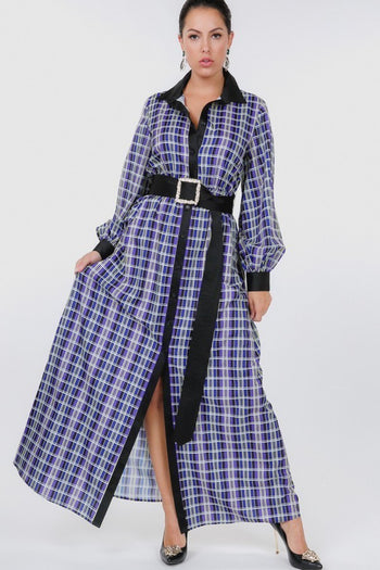 Plaid Shirt Maxi Dress With Gold Buckle Belt - Deals Kiosk
