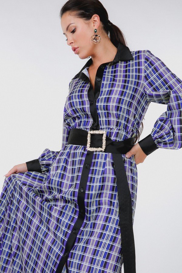 Plaid Shirt Maxi Dress With Gold Buckle Belt - Deals Kiosk