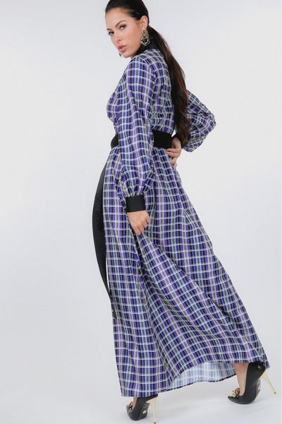 Plaid Shirt Maxi Dress With Gold Buckle Belt - Deals Kiosk