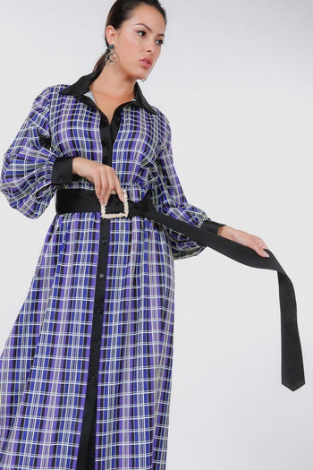 Plaid Shirt Maxi Dress With Gold Buckle Belt - Deals Kiosk