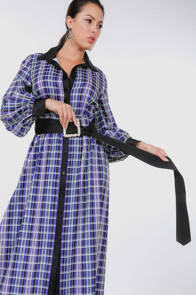 Plaid Shirt Maxi Dress With Gold Buckle Belt - Deals Kiosk