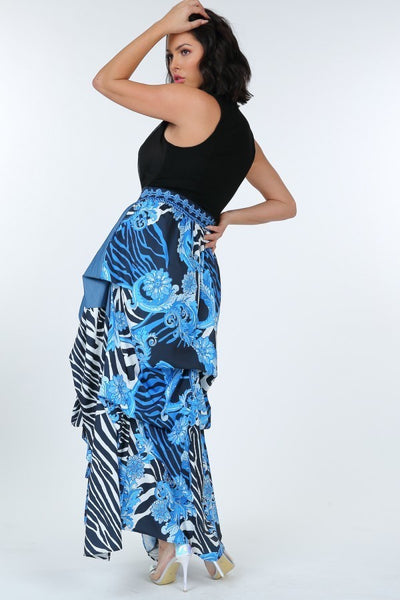 Animal Chain Print Denim Tacked Maxi Skirt In Black Gold - Deals Kiosk
