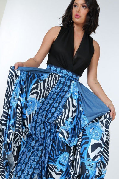 Animal Chain Print Denim Tacked Maxi Skirt In Black Gold - Deals Kiosk
