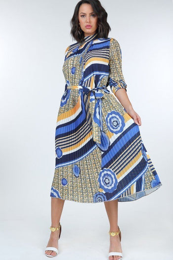 Pleated Print Midi Dress - Deals Kiosk