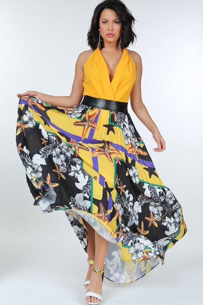 Pleated Print Maxi Skirt With Leather Waist Band - Deals Kiosk