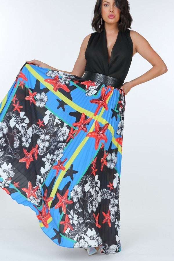 Pleated Print Maxi Skirt With Leather Waist Band - Deals Kiosk