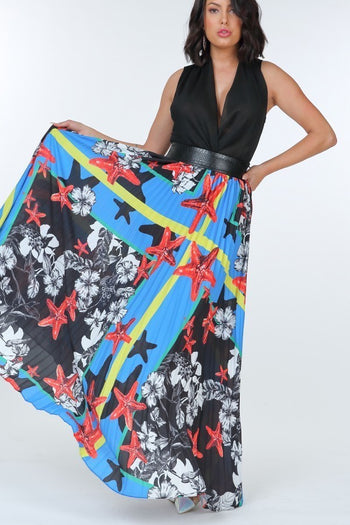 Pleated Print Maxi Skirt With Leather Waist Band - Deals Kiosk