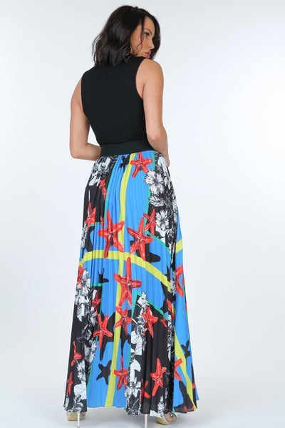 Pleated Print Maxi Skirt With Leather Waist Band - Deals Kiosk