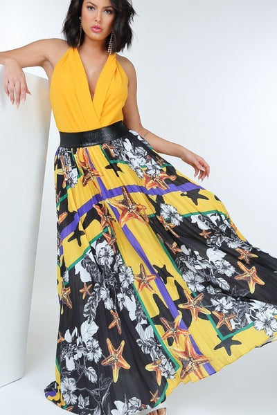 Pleated Print Maxi Skirt With Leather Waist Band - Deals Kiosk