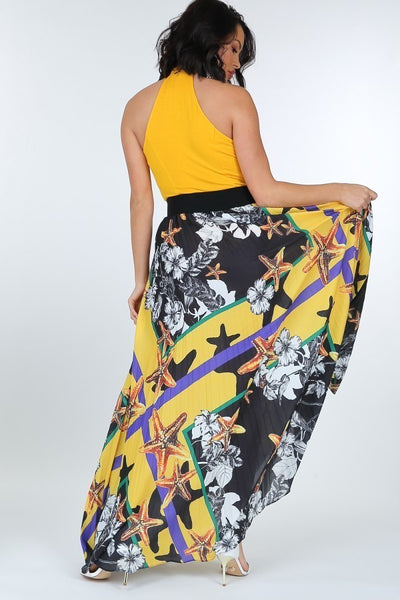 Pleated Print Maxi Skirt With Leather Waist Band - Deals Kiosk