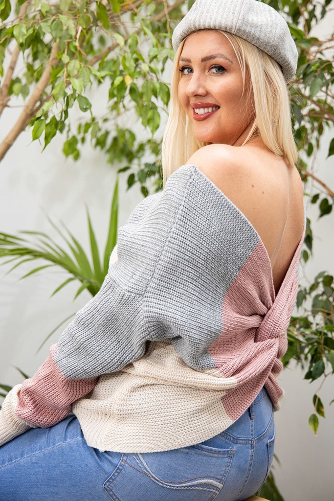 Open Back Twisted Color Block Print Long Sleeve Boat Neck Sweater Top - Deals Kiosk