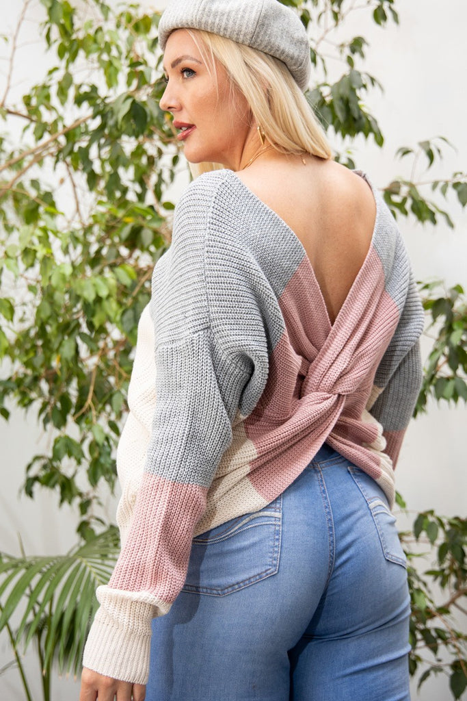 Open Back Twisted Color Block Print Long Sleeve Boat Neck Sweater Top - Deals Kiosk