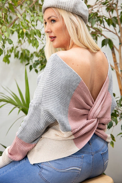 Open Back Twisted Color Block Print Long Sleeve Boat Neck Sweater Top - Deals Kiosk