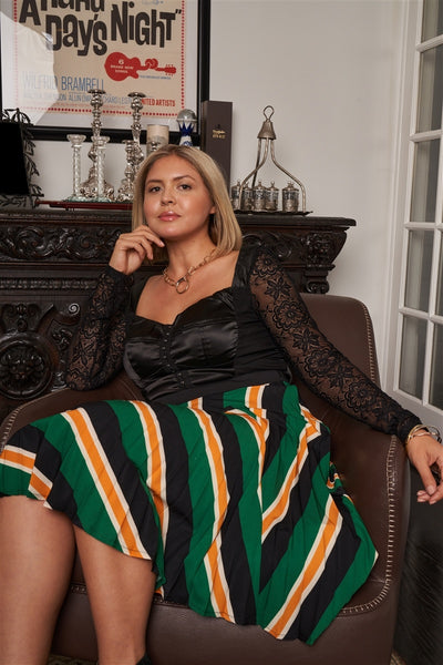 Plus Black Satin Corset Front Sweetheart Neck Long Lace Sleeve Detail Crop Top - Deals Kiosk