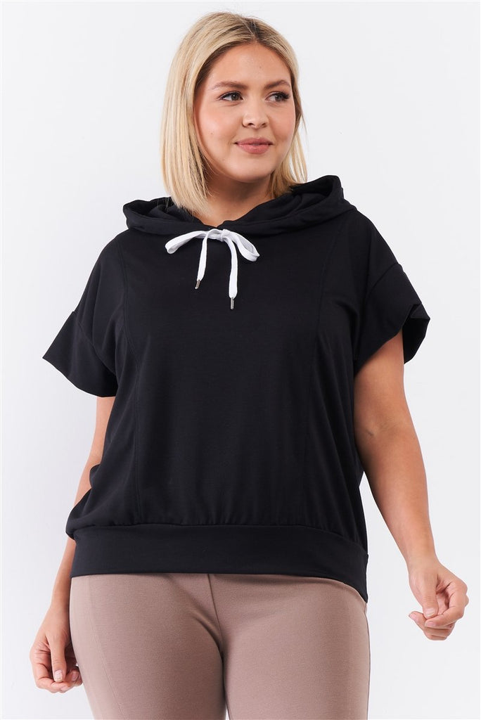 Black Short Wing Sleeve Relaxed Fit White Draw String Tie Hood Detail Top - Deals Kiosk