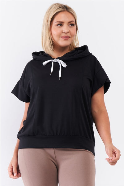 Black Short Wing Sleeve Relaxed Fit White Draw String Tie Hood Detail Top - Deals Kiosk